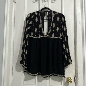 FREE PEOPLE BELL SLEEVE EMBROIDERED BLACK TUNIC DRESS SMALL